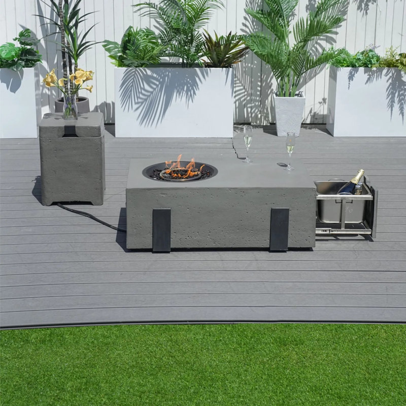 Outdoor Patio 2-Piece Multifunctional Fire Pit Table Set, Rectangular Fire Table with Matching Side Table for Backyard Garden Leisure Gatherings
