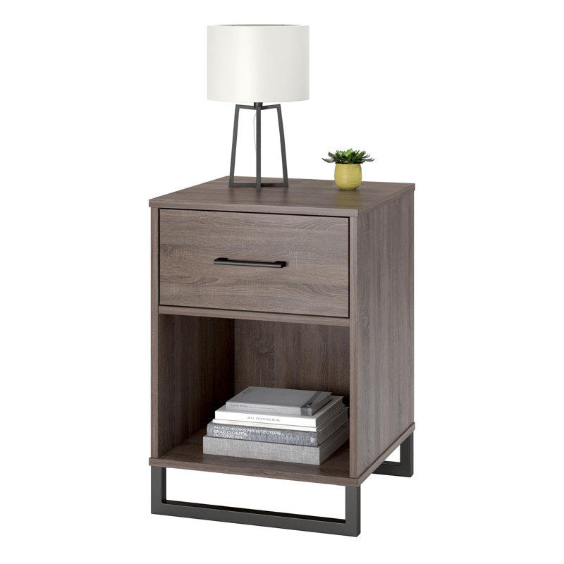 Distressed Gray Oak Nightstand with 1 Drawer and Black Metal Legs