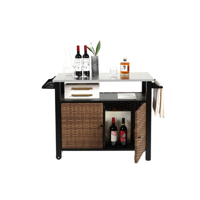 Grand chariot roulant extérieur et armoire de rangement avec plateau en acier inoxydable et poignée latérale pour la cuisine de patio, Brown Island Garden