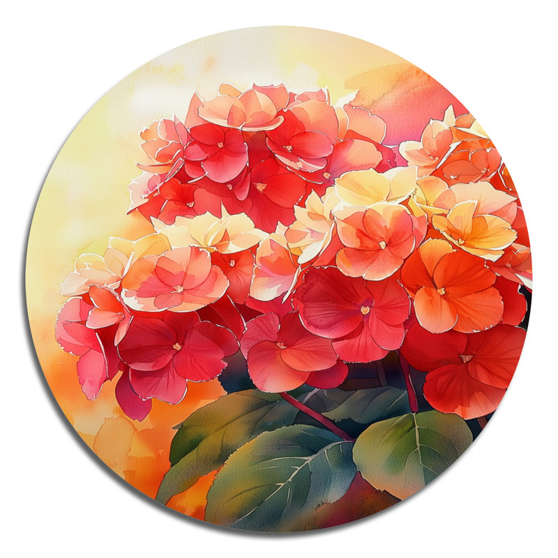 Hortensias dans la lumière d'automne I - décoration murale ronde en métal hydrangées, 23" H x 23" W