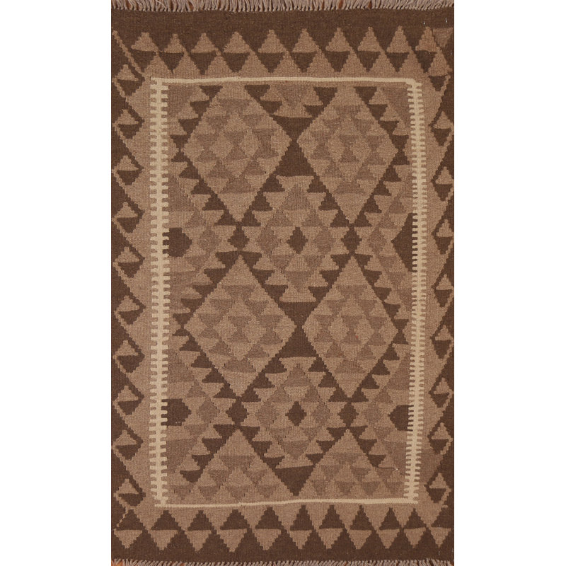 Tapis oriental brun en laine tissé à plat à la main à motif rectangulaire de 3 pi 3 po x 4 pi 10 po Getzemani
