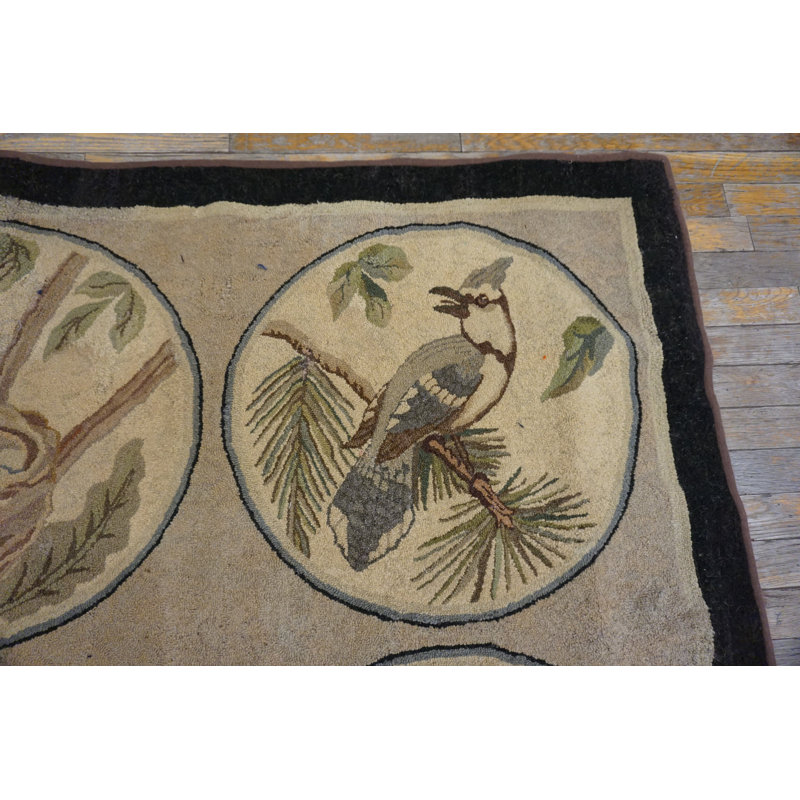 Antique American Folk Art Naturalist Design Hooked Bird Rug