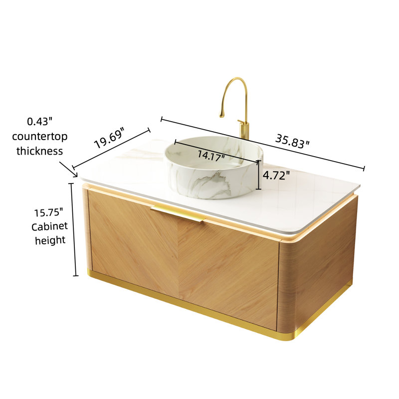 Meuble-lavabo flottant 36 po avec tiroir, lavabo en céramique blanche à motif de pierre et comptoir fritté, pré-assemblé, chêne, éclairage à DEL à détection automatique, contreplaqué haute performance multi-couches assemblé