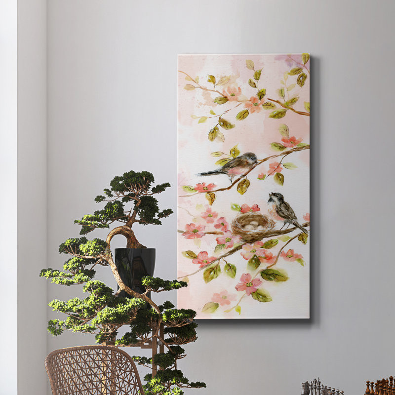 «Blush Birds II», peinture sur toile tendue, H 40 po x l 20 po x P 1,5 po