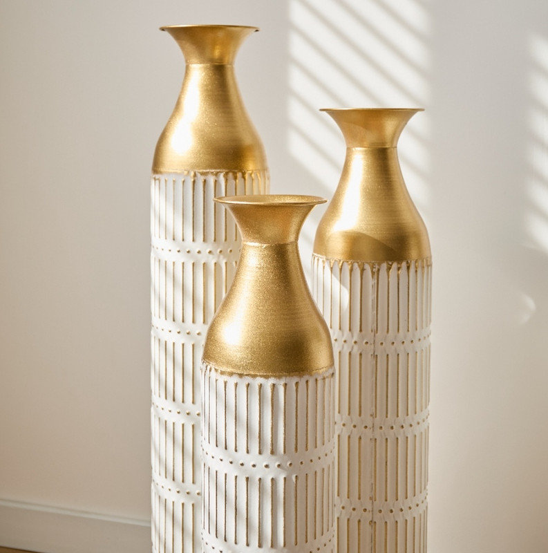 3-Piece Large White Glazed Metal Floor Vases - Gorgeous Decor for Home Living Room