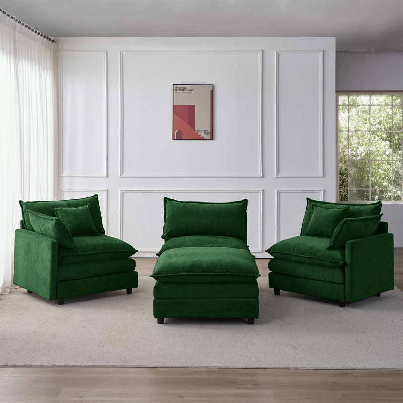 Canapé modulaire en L en chenille avec repose-pieds, Chenille verte