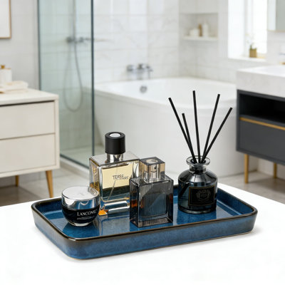 Plateau de meuble-lavabo en céramique pour comptoir de salle de bain et de cuisine - Plateau de rangement décoratif pour distributeur de savon, parfum, porte-éponge et articles essentiels - Conception imperméable et élégante
