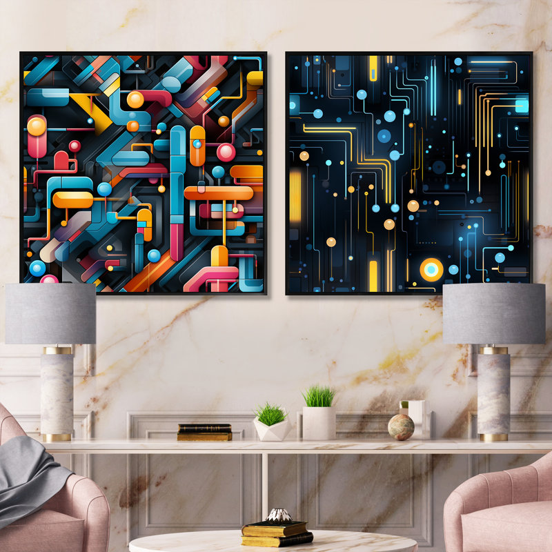 Ensemble de 2 collages carrés de formes abstraites colorées et futuristes, Cadre flottant noir, H 16 po x l 33 po