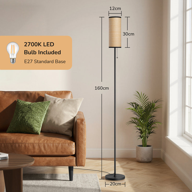 160cm Matte Column Floor Lamp, Rattan Shade