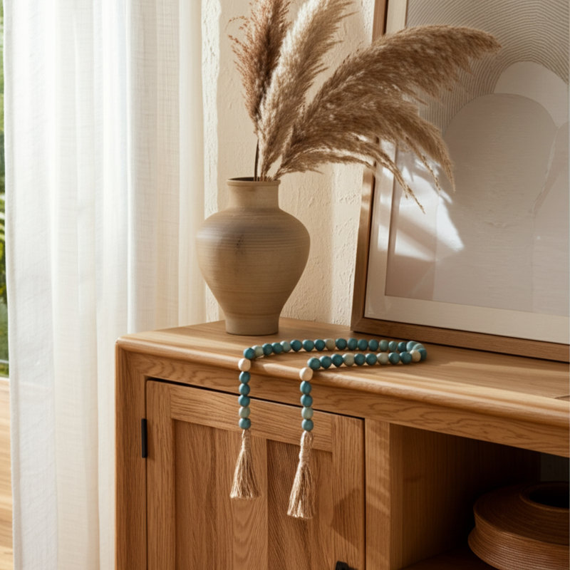 Barri Wood and Jute Decorative Bead Strand with Woven Texture and Tassel Detail Featuring Rustic Design and Contemporary Accents for Versatile Styling in Modern or Traditional Settings