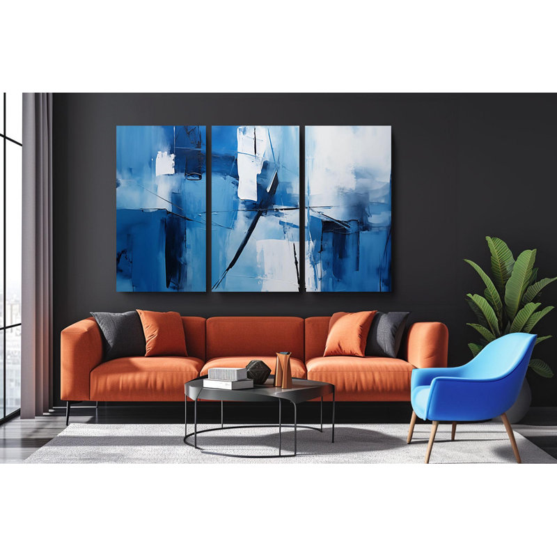 Art mural sur toile Triptych - ensemble d'art sur toile abstrait bleu et blanc - décoration murale minimaliste moderne pour des espaces intérieurs élégants