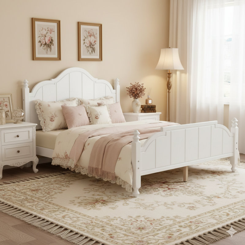 Base de lit grand avec une tête de lit. Structure de lit grand style rétro avec support à lattes, plateforme en bois. Aucun sommier tapissier requis, assemblage facile. Finition blanche.