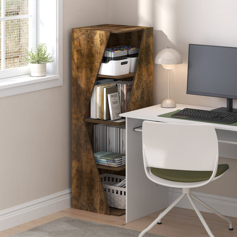Furinno ECON Book Shelf, Stackable 2-in-1 Bookshelf, Corner Bookcase with Display Shelf, 16.1 x 16.1 x 49.1, for Living Room, Bedroom, Home Office, Amber Pine