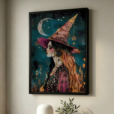 Sorcière d'Halloween au chapeau violet et croissant de lune, tableau sur toile encadré, cadre blanc, 50 x 75 cm