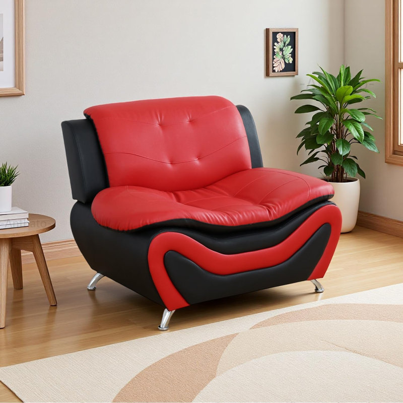 Chaise d'appoint 42 po moderne en similicuir avec motif ondulé et pieds chromés, Rouge / Noir