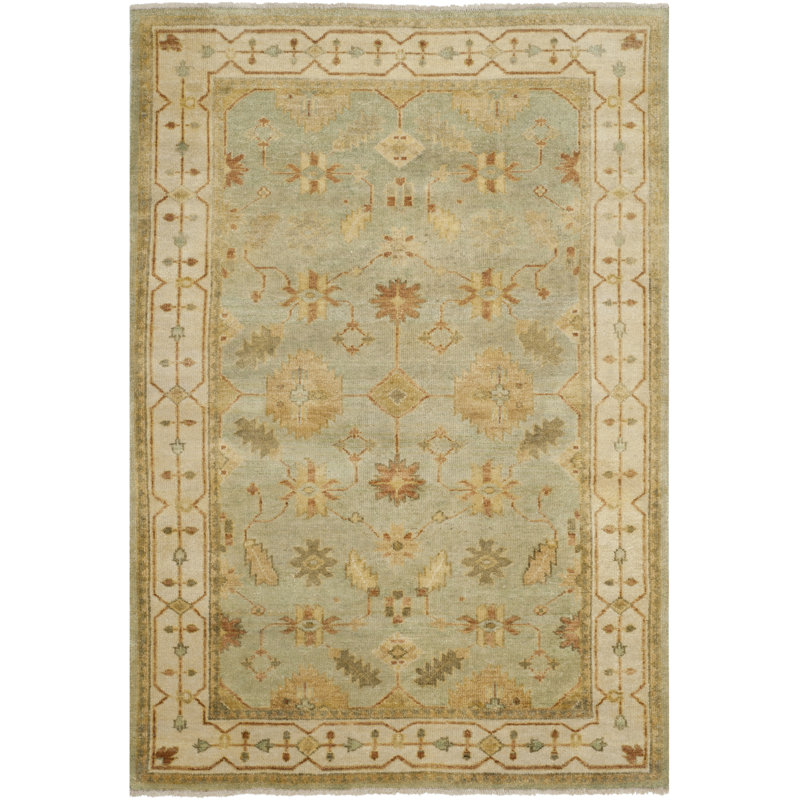 Oushak Oriental Hand-Knotted Wool Soft Green/Ivory Area Rug, Rectangle 8' x 10'