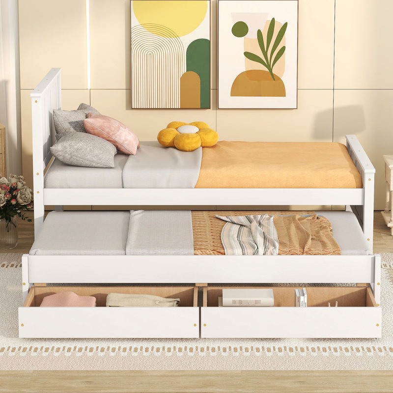 Lit plateforme simple blanc avec lit gigogne et tiroirs - Structure en pin robuste, Blanc