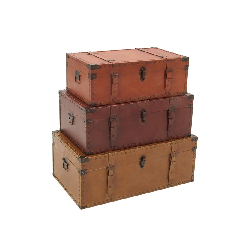 Cantrell Wood Nesting Upholstered Decorative Brown Trunk with Vintage Accents and Studs Set