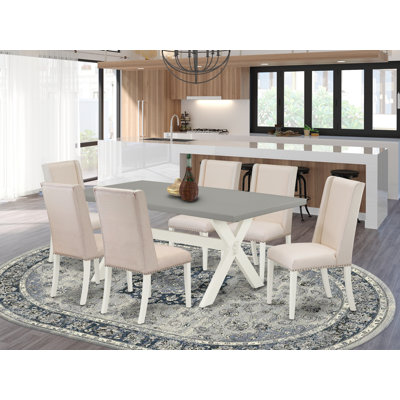 7 Piece Modern Dining Table Set Consist of a Rectangle Wooden Table with X-Legs and 6 Cream Linen Fabric Parson Dining Chairs, Linen White