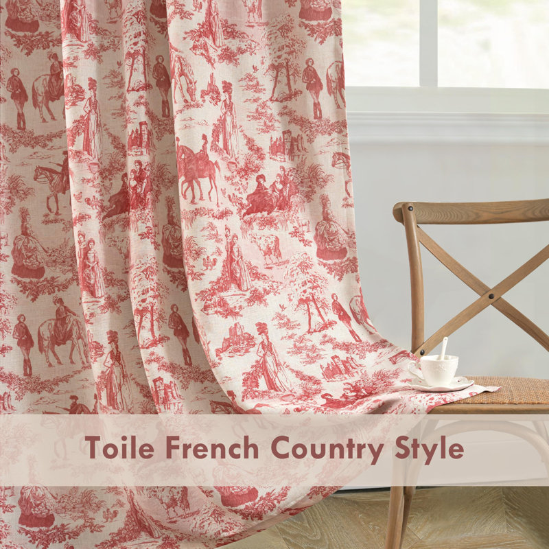 100% Blackout Toile Linen Curtains for Bedroom Double Layer Farmhouse French Country Vintage Printed Pattern Thermal Sound Lined Back Tab Living Room Drapes  2 Panels
