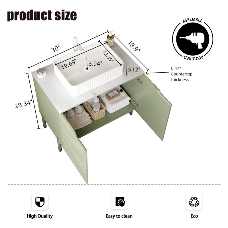 Meuble-lavabo 30 po, comptoir en pierre frittée Carrara, lavabo en céramique, Blanc, Vert
