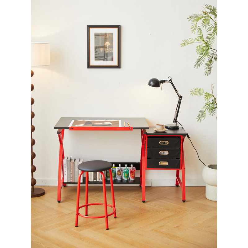 Drafting Table With Stool, Black/Red