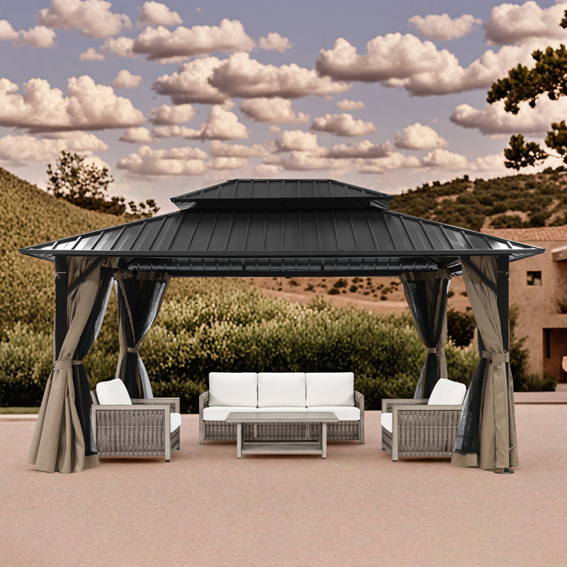 SeeHill Hardtop Gazebo, Outdoor Patio Gazebo, Aluminum Frame Patio Hardtop Gazebos with Netting and Curtain, Outdoor Patio Pergola with Double Steel Roofs for Deck, Lawns, Garden