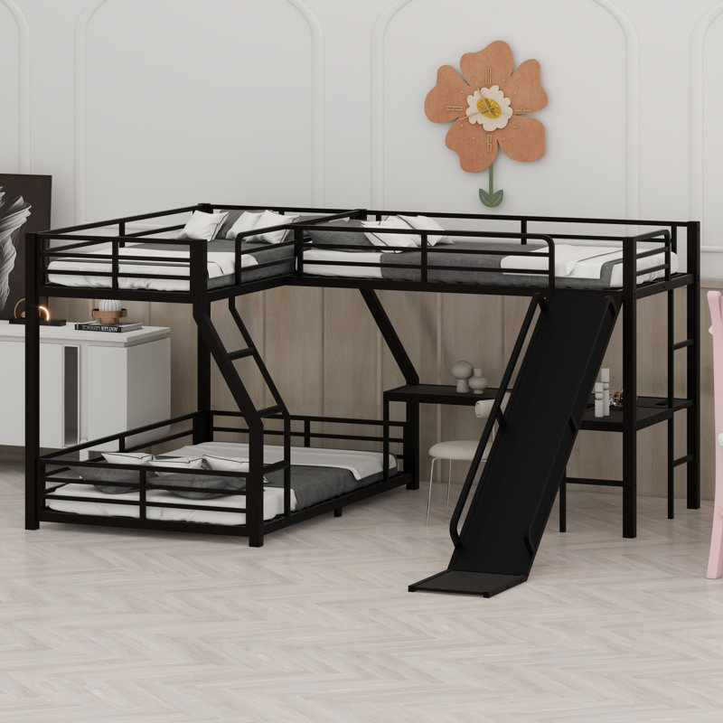 L-Shaped Bunk Bed With Loft Bed, Metal Triple Bunk Bed With Slide And USB Ports, Twin Over Full