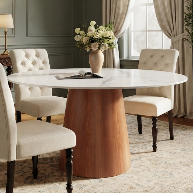 Designer Round Dining Table 47"/ 53"/59" with Authentic Solid Wood Pedestal & 4 Luxury Sintered Stone Top for Modern Dining Rooms