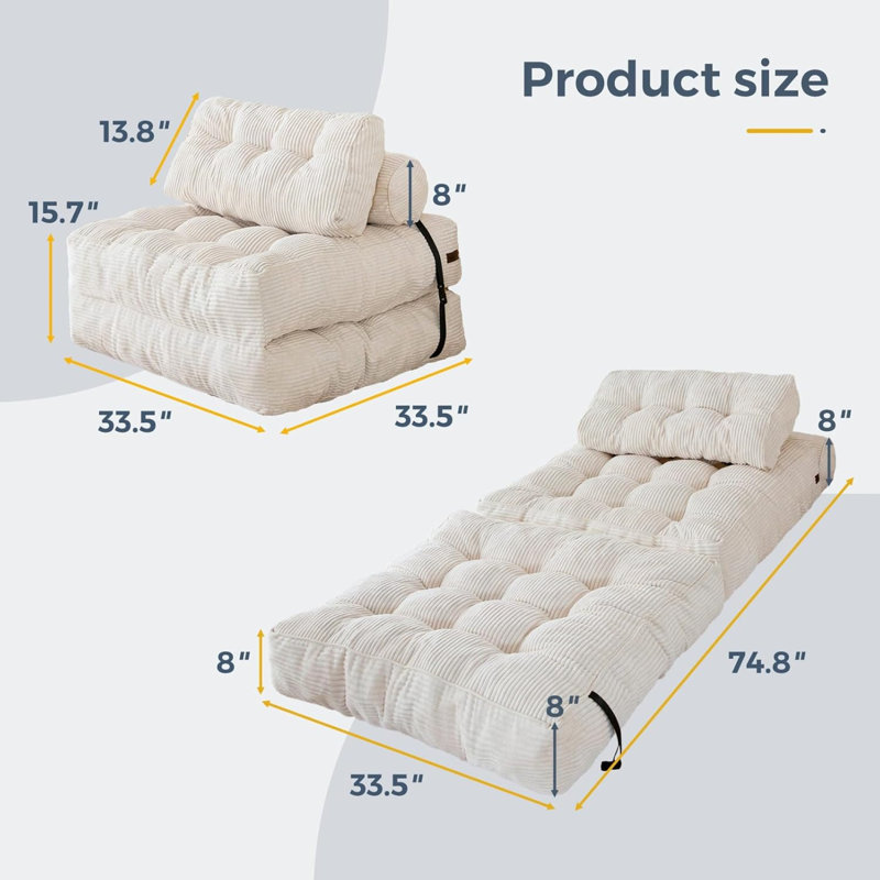 Beige Folding Sofa Bed With Pillow And Back Support