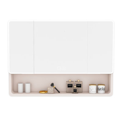 Armoire à pharmacie en aluminium avec miroir, armoire à pharmacie de 35 po x 28 po avec éclairage à DEL 3 couleurs et fonction de désembuage, armoire de salle de bain avec support de rangement pour cosmétiques et support pour sèche-cheveux, kaki