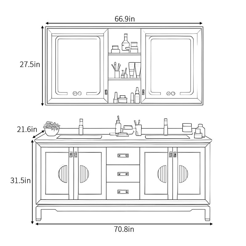 Armoire de salle de bain rétro chinoise haut de gamme, 70.8" W