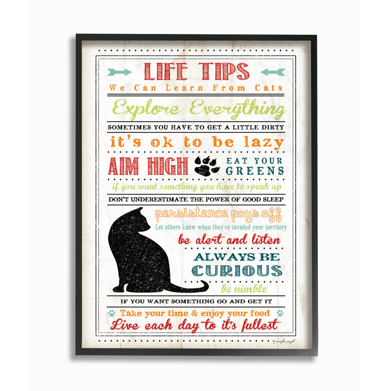 «Pet Life Tip from Cats», reproduction d'art textuel sur toile, H 20 po x l 16 po, Giclée encadrée noir minuit
