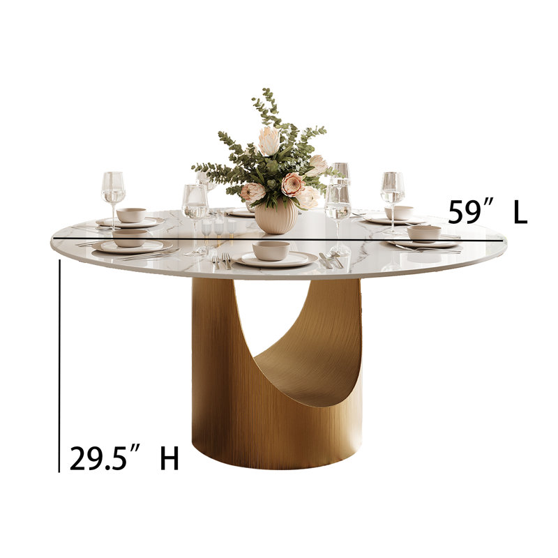 59" Round Stone Top Dining Table with Gold Metal Base