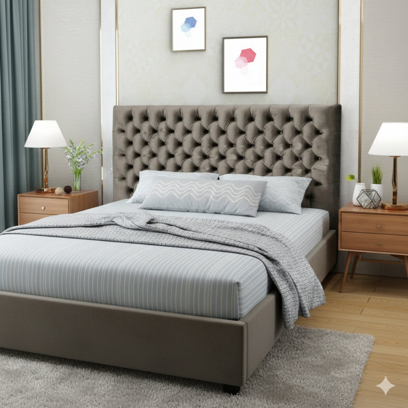 Tête de lit capitonnée capitonnée avec un design moderne à boutons. Ceci est une tête de lit en bois massif réglable avec des pieds en métal durables pour la chambre à coucher.