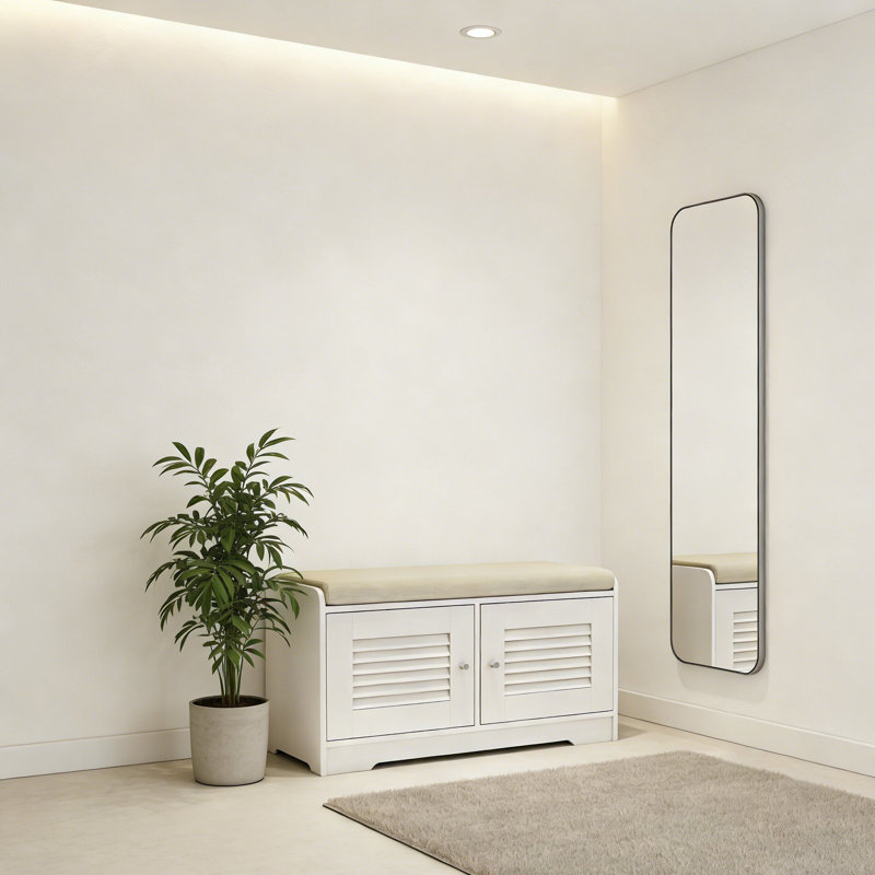 Banc de rangement pour chaussures avec 2 portes, coussin et tablettes réglables, pour vestibule, couloir, White