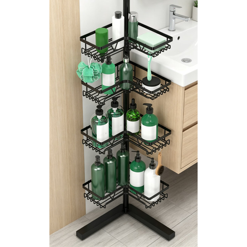 Support de douche sur pied à 4 niveaux réglable, organisateur de douche sur pied avec porte-savon et porte-rasoir, rangement pour salle de bain autoportant pour grandes bouteilles, métal résistant à la rouille, noir