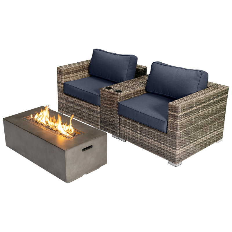 Dustie Fully Assembled 2 Person Seating Group With Firepit And Sunbrella Cushions, Sunbrella Navy Blue 
