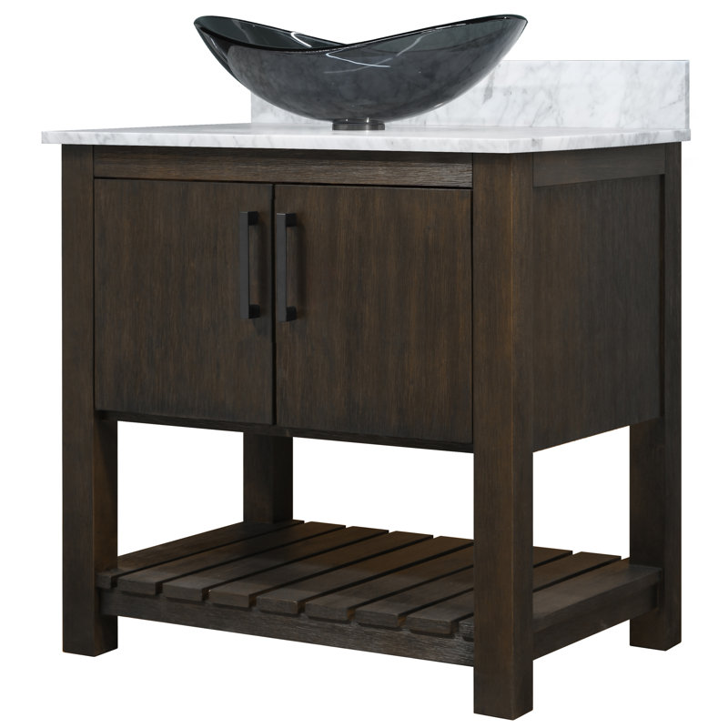 Meuble-lavabo 36 po avec comptoir en marbre de Carrare et lavabo, Noir mat