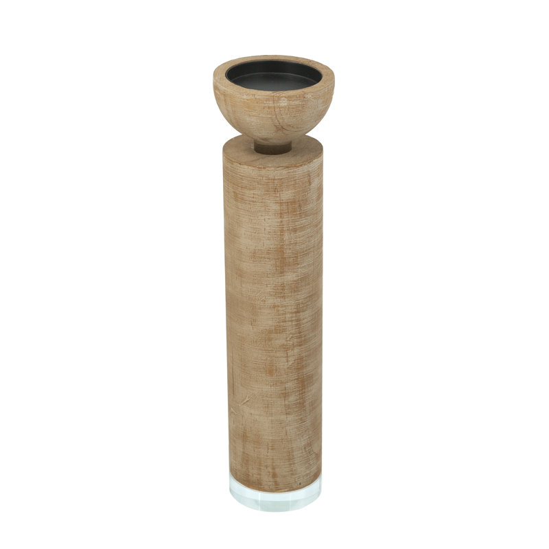 Porte-bougie brun en bois avec base en verre, H 14 po x l 3 po x P 3 po