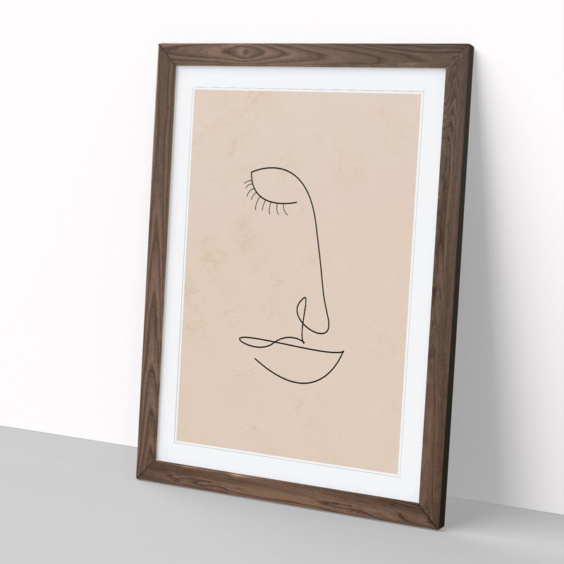 Line Form Female Face - Picture Frame Drawing, Walnut Framed, 48cm H x 36cm W x 2cm D