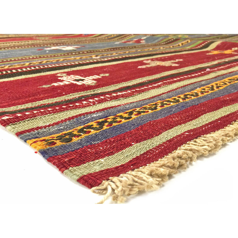 Tapis unique en laine noué à la main des années 1960 de 5 pi 8 po x 9 pi 3 po vert / rouge / bleu