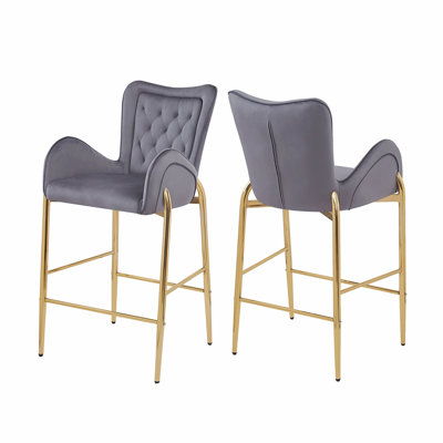2PC Counter Height Bar Stools,Bar Height Arm Chairs, Velvet Fabric Stools with Golden Legs and Footrests