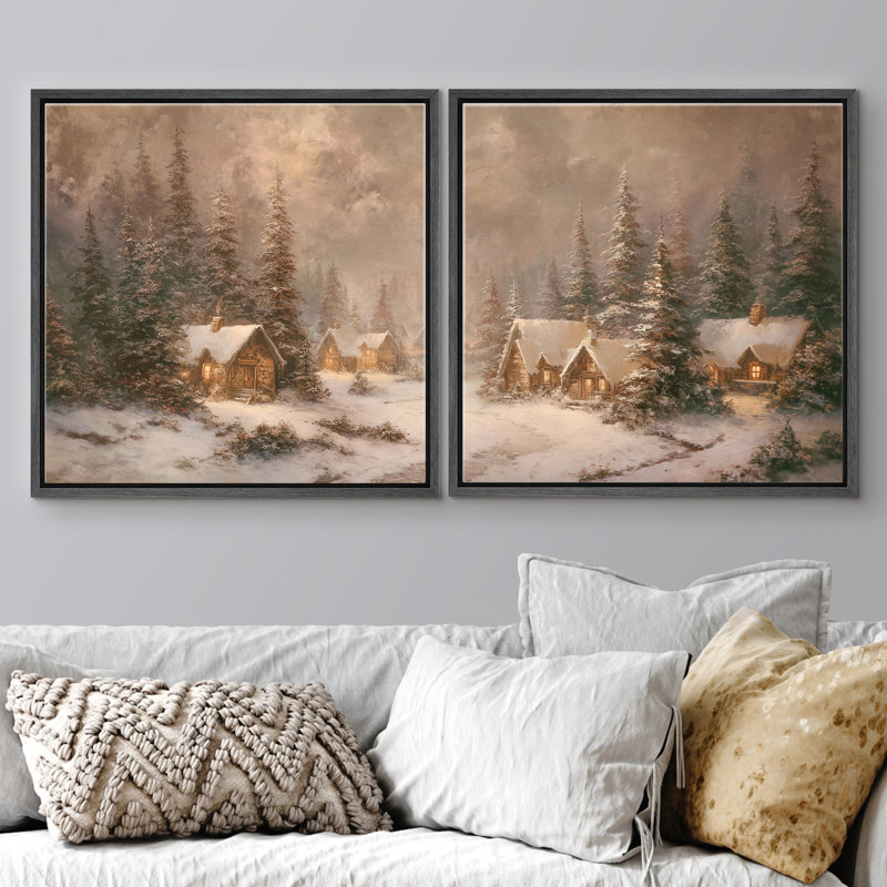 Cozy Snow Cabin Pine Forest Winter Village Night Scène, Cadre flottant noir, H 16" x l 16"
