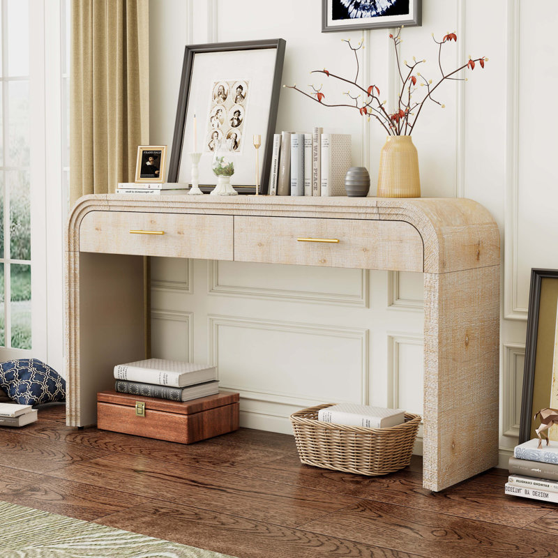 Wood Storage Console Table Sofa Table with Drawers, Natural Wood Wash