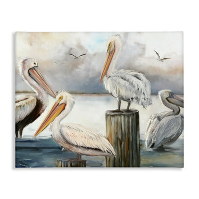 Au-499-Toile, pélicans perchés, horizon nuageux sur toile par Ziwei Li, impression