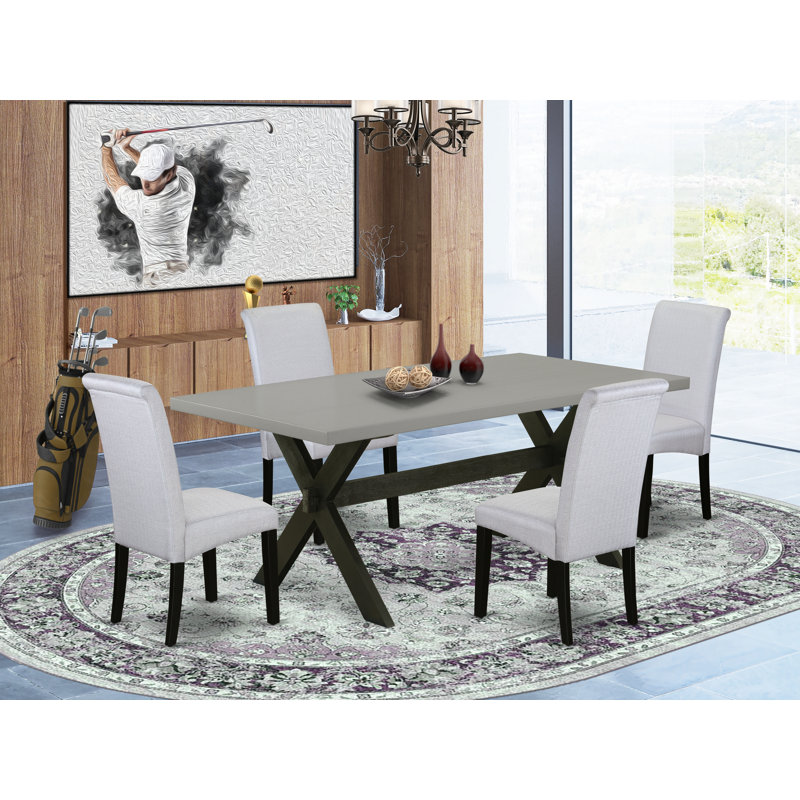 Ensemble de 5 pièces pour coin-repas pour 4 personnes comprenant une table de salle à manger rectangulaire avec pieds en X et 4 chaises Parsons en lin gris, noir brossé