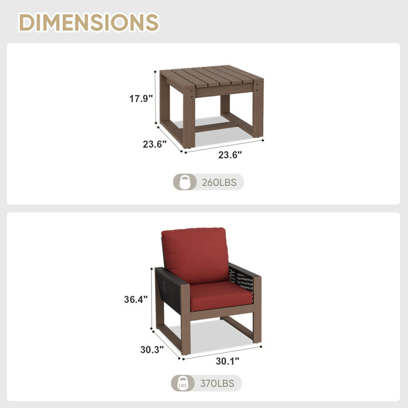 Ensemble de conversation de 5 pièces en bois de cèdre brun avec coussins en oléfine, table basse carrée et repose-pieds