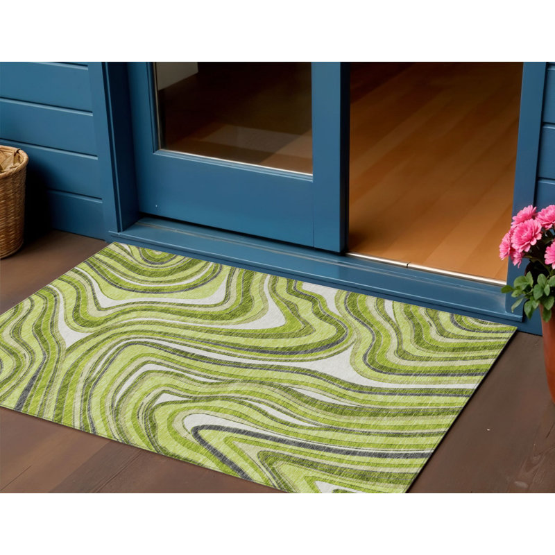 3' X 5' Lime Green And Charcoal Abstract Washable Indoor Outdoor Area Rug