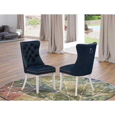Dallas Parson Dining Room Chairs - Button Tufted Nailhead Trim Navy Blue Polyester Fabric Padded Chairs, Set of 2, Wirebrushed Bright Linen white